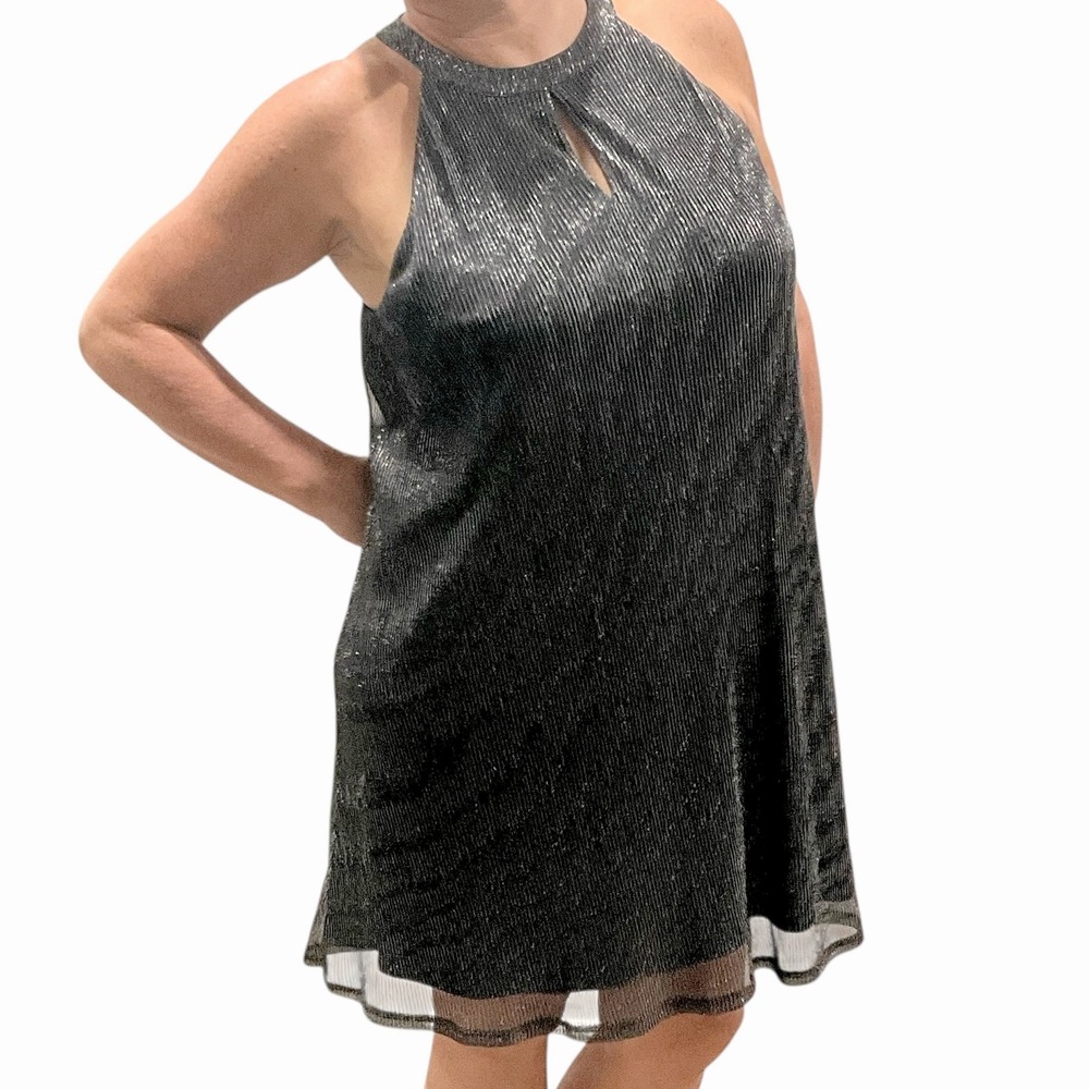 Nine West Sparkly Metallic Striped Halter Keyhole Shift Dress Women XL‎